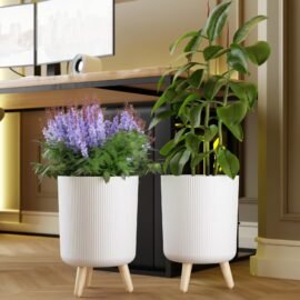 StyleX Store Modern White Flower Pot with Plastic Legs | Indoor Outdoor Planter for Home Garden Balcony Decor Ribbed Design Sturdy Plastic Mid-Century Style (White Pack of 2)