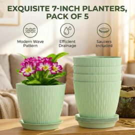 Eightiz (Pack of 5 6 Inch Plastic Flower Pots for Indoor & Outdoor Terrace,Garden Plants Decorative Planters with Drainage Holes & Matching Saucers Durable & Lightweight (Green)